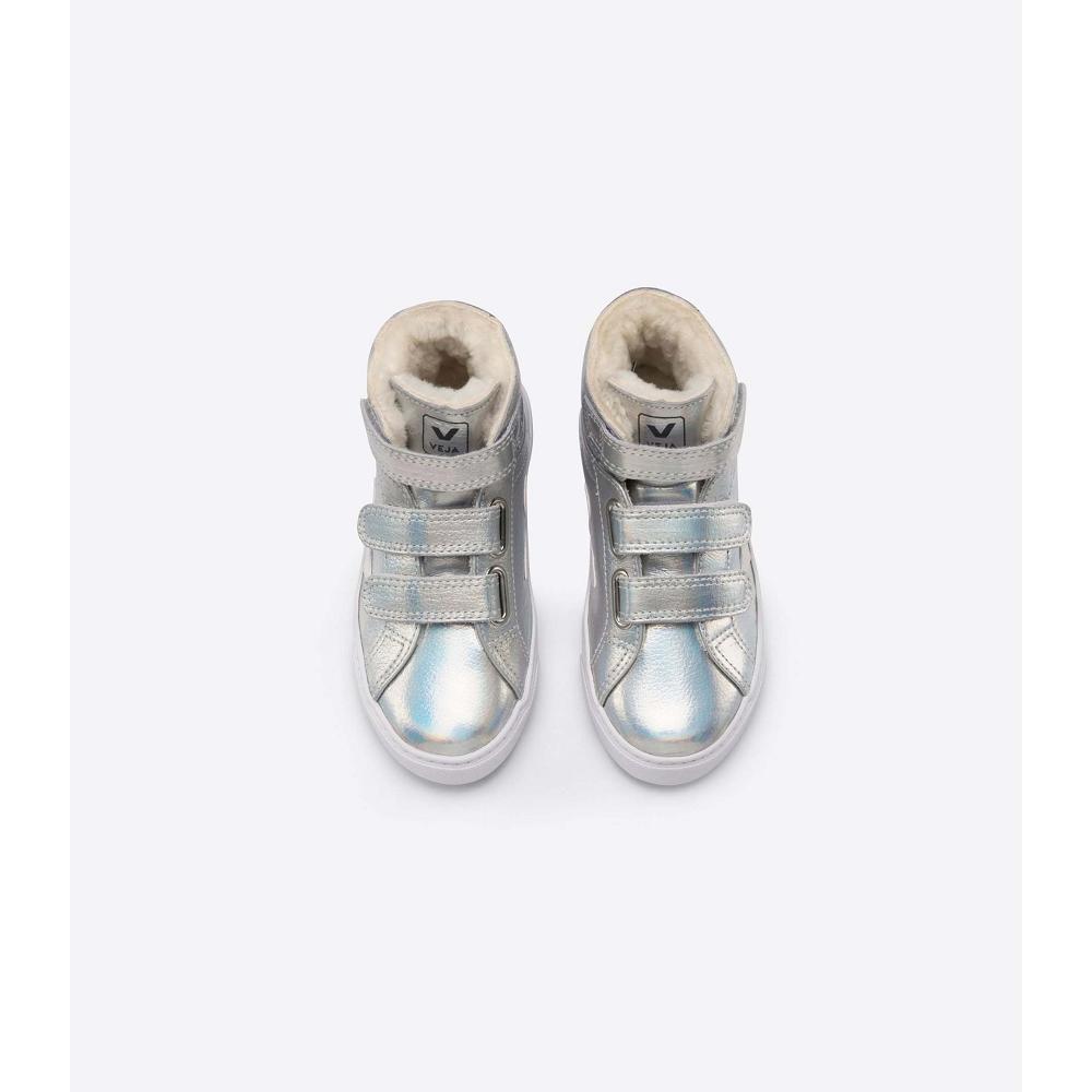 Veja ESPLAR MID FURED LEATHER Kids' High Tops Silver/White | CA 693CTV